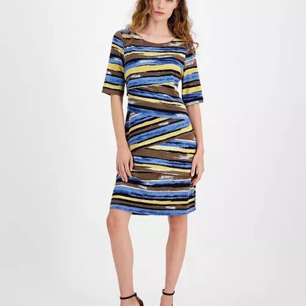 Connected Womens Size 4 Blue Overlapping Striped Sheath Dress Work Office Career